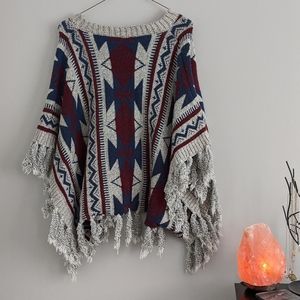 Aztec Design Poncho with fringe